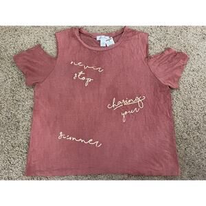 Tilly's White Fawn Foil Cold Shoulder Short Sleeve Womens T Shirt Tee Top Size L